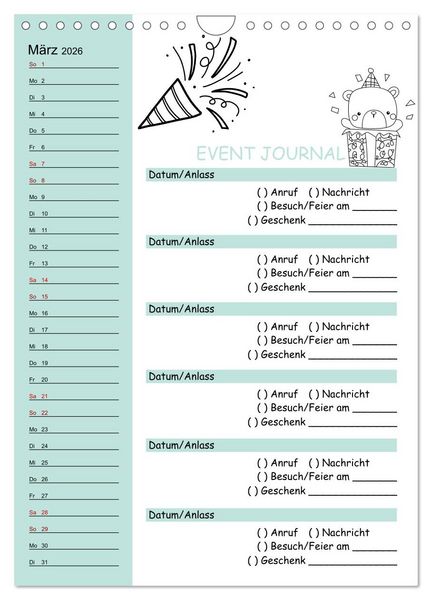 Produktbild: Geburtstagsplaner Doodle Tiere - F&uuml;r Termine, Geschenke, Eventdetails & mehr (Wandkalender 2026 DIN A4 hoch), CALVENDO Monatskalender