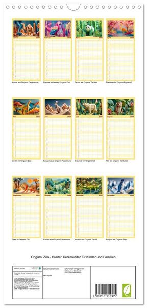 Produktbild: Familienplaner 2026 - Origami Zoo - Bunter Tierkalender f&uuml;r Kinder und Familien mit 5 Spalten (Wandkalender, 21 x 45 cm) CALVENDO