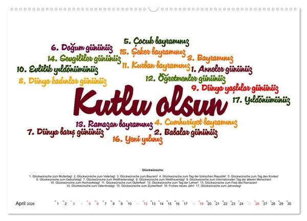 Produktbild: Smalltalk Sprachkalender T&uuml;rkisch-Deutsch (hochwertiger Premium Wandkalender 2026 DIN A2 quer), Kunstdruck in Hochglanz