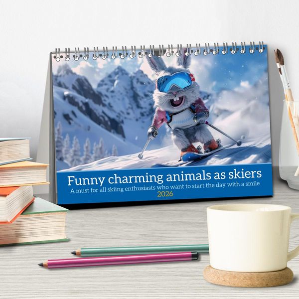 Produktbild: Funny charming animals as skiers (Desk Calendar 2026 DIN A5 landscape), CALVENDO 12 Month DeskCalendar