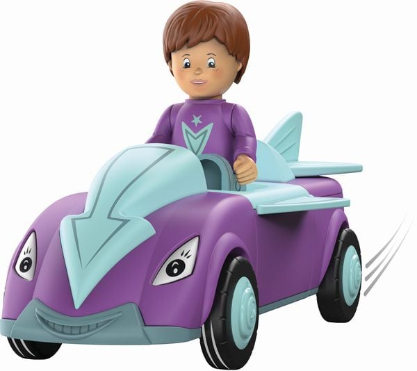 Produktbild: SIKU 0114 - Toddys, Jum Jumpy, Spielzeugauto mit R&uuml;ckziehmotor und Spielfigur, lila/t&uuml;rkis