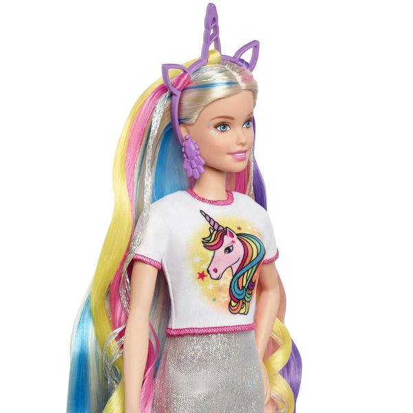 Mattel - Barbie Fantasie-Haar Puppe blond, Meerjungfrau- und Einhorn-Look, Anzie