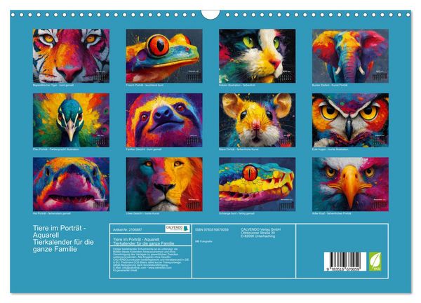 Produktbild: Tiere im Portr&auml;t - Aquarell Tierkalender f&uuml;r die ganze Familie (Wandkalender 2026 DIN A3 quer), CALVENDO Monatskalender
