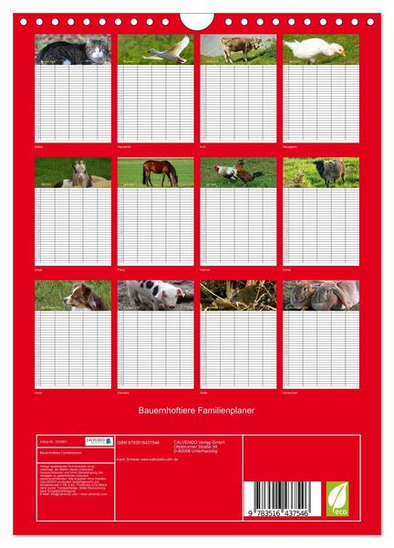 Produktbild: Bauernhoftiere Familienplaner (Wandkalender 2026 DIN A4 hoch), CALVENDO Monatskalender