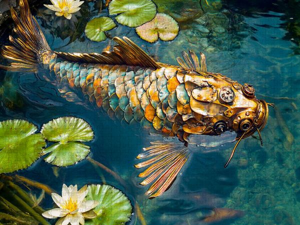 Produktbild: CALVENDO Puzzle Metall-Koi im Teich: Stilvolle Gartendekoration f&uuml;r Wasserliebhaber | 2000 Teile Lege-Gr&ouml;&szlig;e 90x67cm Foto-Puzzle f&uuml;r gl&uuml;ckliche Stunden