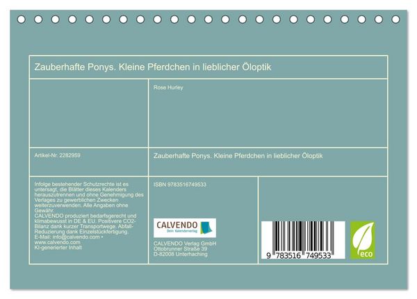 Produktbild: Zauberhafte Ponys. Kleine Pferdchen in lieblicher &Ouml;loptik (Tischkalender 2027 DIN A5 quer), CALVENDO Monatskalender