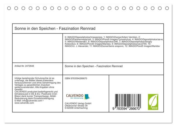 Produktbild: Sonne in den Speichen - Faszination Rennrad (Tischkalender 2027 DIN A5 quer), CALVENDO Monatskalender