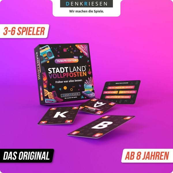 Produktbild: DENKRIESEN - STADT LAND VOLLPFOSTEN&reg; - Das Kartenspiel &ndash; 70/80/90 EDITION - "Fr&uuml;her war alles besser."