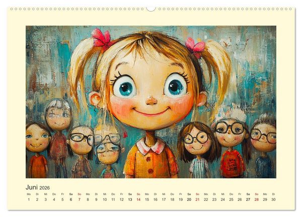 Produktbild: Fr&ouml;hliche Kinder. Bezaubernde Schulm&auml;dchen im &Ouml;lbilder-Stil (hochwertiger Premium Wandkalender 2026 DIN A2 quer), Kunstdruck in Hochglanz