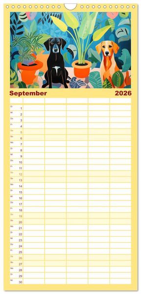 Produktbild: Familienplaner 2026 - Hunde Kunstwerke - Hunde im Stil des Fauvismus k&uuml;nstlerisch gestaltet mit 5 Spalten (Wandkalender, 21 x 45 cm) CALVENDO