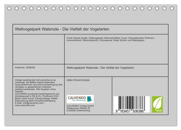 Produktbild: Weltvogelpark Walsrode - Die Vielfalt der Vogelarten (Tischkalender 2026 DIN A5 quer), CALVENDO Monatskalender