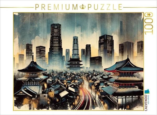 CALVENDO Puzzle Tokios Zeitenfluss: Tradition trifft Moderne in KI-Aquarell | 1000 Teile Lege-Größe 64x48cm Foto-Puzzle für glückliche Stunden