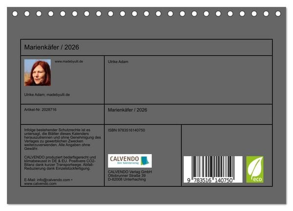Produktbild: Marienk&auml;fer / 2026 (Tischkalender 2026 DIN A5 quer), CALVENDO Monatskalender
