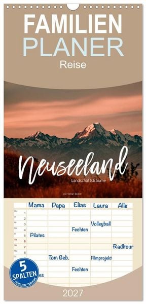 Produktbild: Familienplaner 2027 - Neuseeland - Landschaftstr&auml;ume mit 5 Spalten (Wandkalender, 21 x 45 cm) CALVENDO