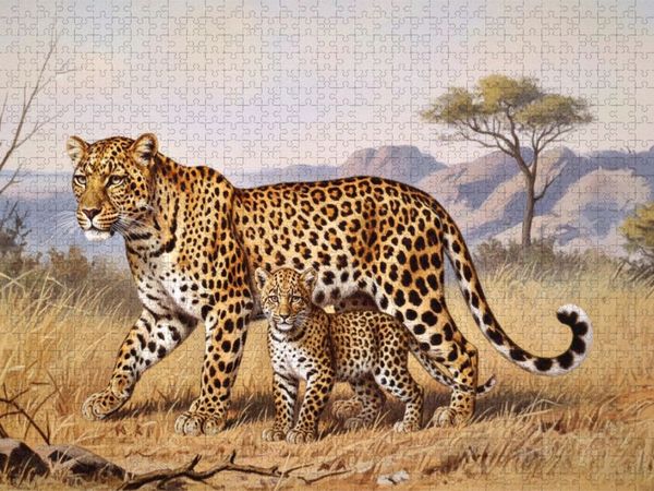 Produktbild: CALVENDO Puzzle Leopard mit Nachwuchs als Gem&auml;lde | 1000 Teile Lege-Gr&ouml;&szlig;e 64x48cm Foto-Puzzle f&uuml;r gl&uuml;ckliche Stunden