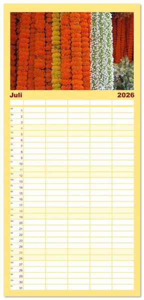 Produktbild: Familienplaner 2026 - Asien - Farbenfrohe Blumenketten mit 5 Spalten (Wandkalender, 21 x 45 cm) CALVENDO