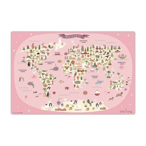 Produktbild: Cover-your-desk Schreibtischunterlage f&uuml;r Kinder Weltkarte in rosa mit Tieren in deutsch, aus hochwertigem Vinyl , 60 x 40 cm