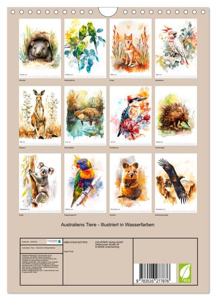Produktbild: Australiens Tiere - Illustriert in Wasserfarben (Wandkalender 2026 DIN A4 hoch), CALVENDO Monatskalender