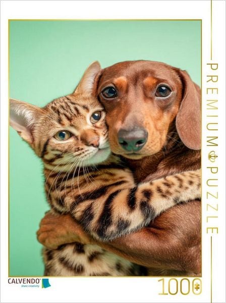 Produktbild: CALVENDO Puzzle Ein Dackel umarmt eine Bengalkatze und zeigt wahre Tierfreundschaft | 1000 Teile Lege-Gr&ouml;&szlig;e 64x48cm Foto-Puzzle f&uuml;r gl&uuml;ckliche Stunden