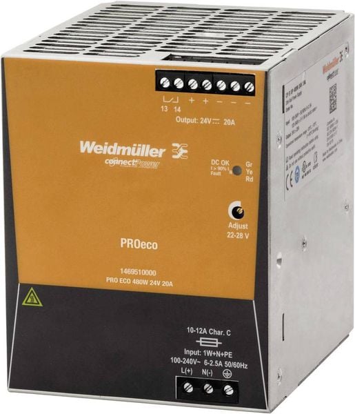 Weidmüller PRO ECO 480W 24V 20A Hutschienen-Netzteil (DIN-Rail) 24 V/DC 20 A 480 W Anzahl Ausgänge:1 x Inhalt 1 St.