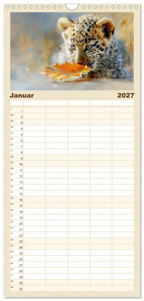 Produktbild: Familienplaner 2027 - Leopardenkinder. Afrikas Katzenbabys im Licht der Natur mit 5 Spalten (Wandkalender, 21 x 45 cm) CALVENDO