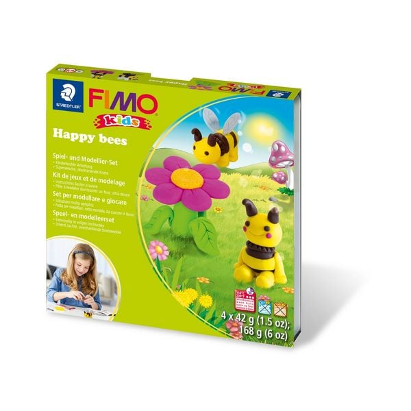 STAEDTLER FIMO kids 8034, ofenhärtende Modelliermasse, Set Happy bees, mit 4 Blöcken 42 g, Modellierstab