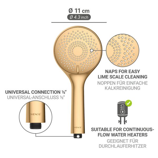 Produktbild: Duschkopf Watersaving Gold matt, Universal-Handbrause, &Oslash; 11 cm, 3 Strahlarten