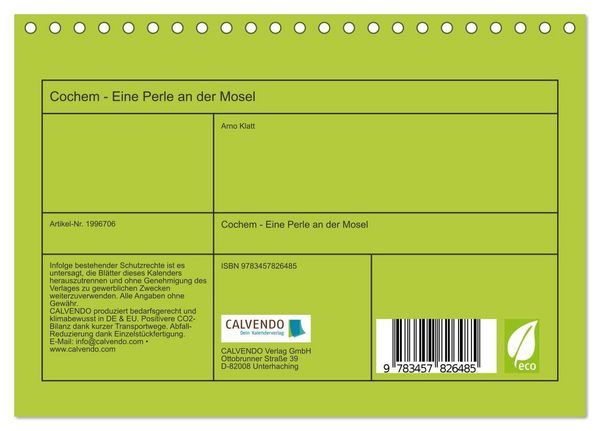 Produktbild: Cochem - Eine Perle an der Mosel (Tischkalender 2026 DIN A5 quer), CALVENDO Monatskalender