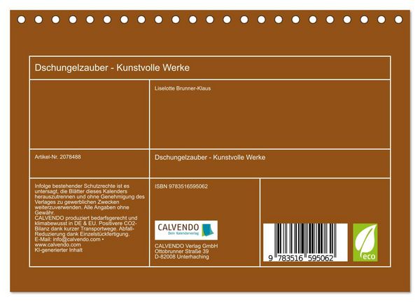 Produktbild: Dschungelzauber - Kunstvolle Werke (Tischkalender 2026 DIN A5 quer), CALVENDO Monatskalender