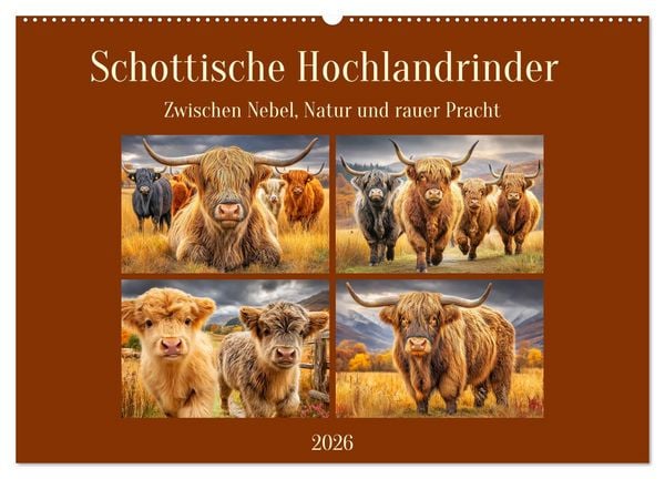 Schottische Hochlandrinder. Zwischen Nebel, Natur und rauer Pracht (Wandkalender 2026 DIN A2 quer), CALVENDO Monatskalender
