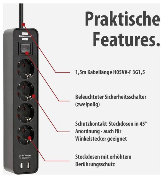 Produktbild: Brennenstuhl 1153240006 Steckdosenleiste mit Schalter 4fach Schwarz Schutzkontakt 1 St.
