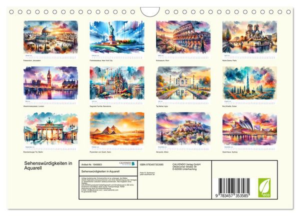 Produktbild: Sehensw&uuml;rdigkeiten in Aquarell (Wandkalender 2026 DIN A4 quer), CALVENDO Monatskalender