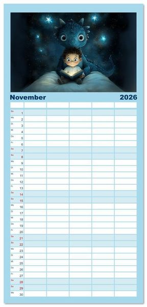 Produktbild: Familienplaner 2026 - Dinozauber &ndash; Wenn Urzeitbewohner zu Freunden werden mit 5 Spalten (Wandkalender, 21 x 45 cm) CALVENDO