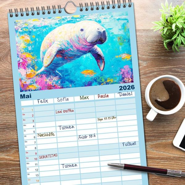 Produktbild: Familienplaner 2026 - Manatee Paintings. Rundschwanzseek&uuml;he im &Ouml;lgem&auml;lde-Stil mit 5 Spalten (Wandkalender, 21 x 45 cm) CALVENDO