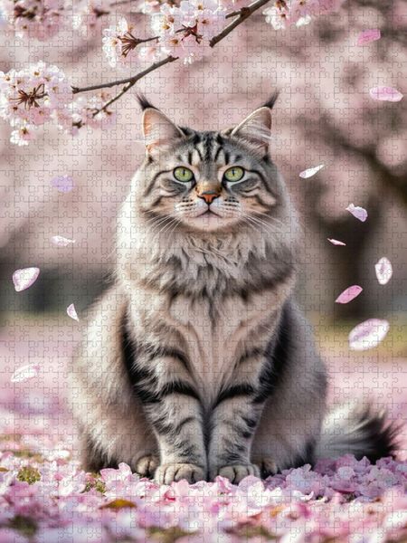 Produktbild: CALVENDO Puzzle Eine Maine Coon Katze sitzt zwischen Kirschbl&uuml;ten und strahlt Ruhe und Anmut im Fr&uuml;hling aus. | 1000 Teile Lege-Gr&ouml;&szlig;e 64x48cm Foto-Puz