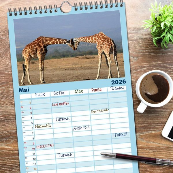 Produktbild: Familienplaner 2026 - Giraffen - Sanftheit und Anmut mit 5 Spalten (Wandkalender, 21 x 45 cm) CALVENDO