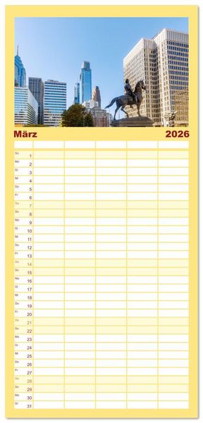 Produktbild: Familienplaner 2026 - Pennsylvania. Die Wiege der USA zwischen Tradition und Moderne mit 5 Spalten (Wandkalender, 21 x 45 cm) CALVENDO
