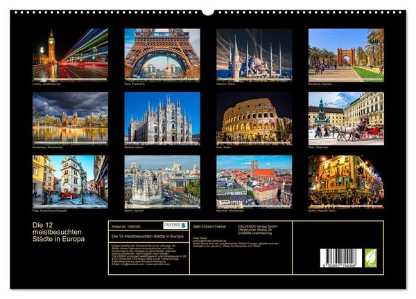 Produktbild: Die 12 meistbesuchten St&auml;dte in Europa (hochwertiger Premium Wandkalender 2026 DIN A2 quer), Kunstdruck in Hochglanz