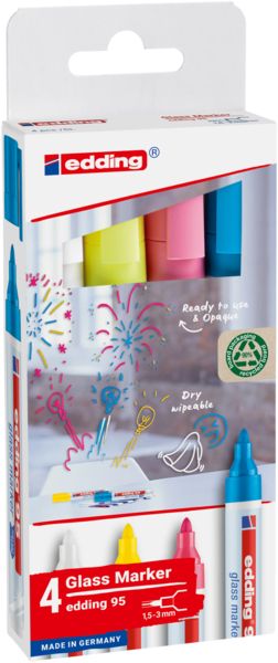 EDDING Glasboard Marker 95, 4er Etui (weiss, gelb, rosa, hellblau) Kartonetui