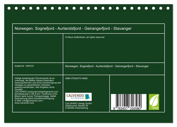 Produktbild: Norwegen. Sognefjord - Aurlandsfjord - Geirangerfjord - Stavanger (Tischkalender 2026 DIN A5 quer), CALVENDO Monatskalender