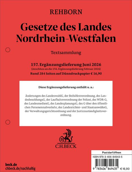 Produktbild: Gesetze des Landes Nordrhein-Westfalen 157. Erg&auml;nzungslieferung