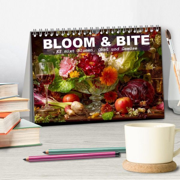 Produktbild: Bloom und Bite. KI mixt Blumen, Obst und Gem&uuml;se (Tischkalender 2026 DIN A5 quer), CALVENDO Monatskalender