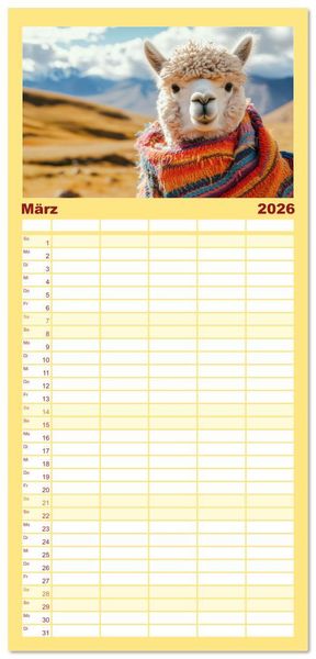 Produktbild: Familienplaner 2026 - Die Welt der Alpakas mit 5 Spalten (Wandkalender, 21 x 45 cm) CALVENDO