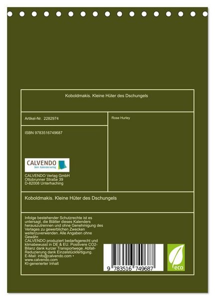 Produktbild: Koboldmakis. Kleine H&uuml;ter des Dschungels (Tischkalender 2027 DIN A5 hoch), CALVENDO Monatskalender