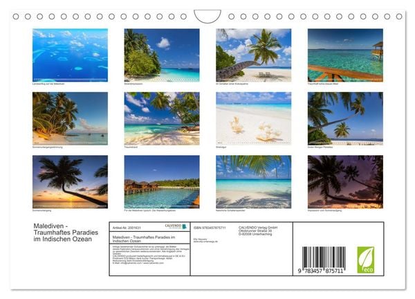 Produktbild: Malediven - Traumhaftes Paradies im Indischen Ozean (Wandkalender 2026 DIN A4 quer), CALVENDO Monatskalender