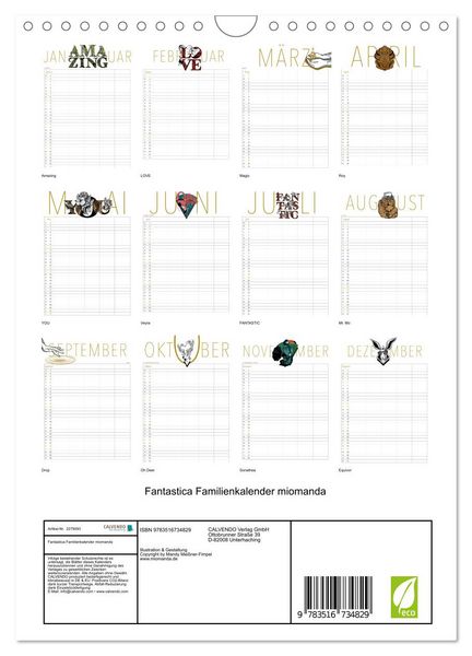 Produktbild: Fantastica Familienkalender miomanda (Wandkalender 2026 DIN A4 hoch), CALVENDO Monatskalender