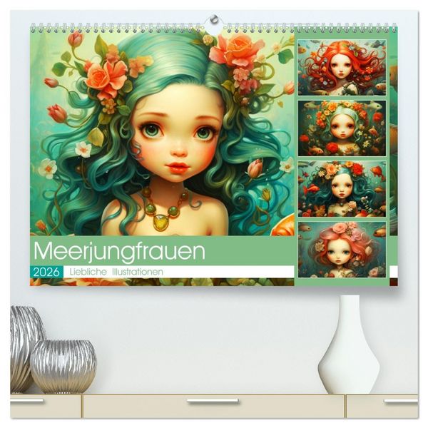 Zauberhafte Meerjungfrauen. Liebliche Illustrationen (hochwertiger Premium Wandkalender 2026 DIN A2 quer), Kunstdruck in Hochglanz