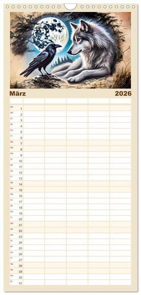 Produktbild: Familienplaner 2026 - Die Eleganz der W&ouml;lfe - Mythische Begegnungen in der Natur mit 5 Spalten (Wandkalender, 21 x 45 cm) CALVENDO