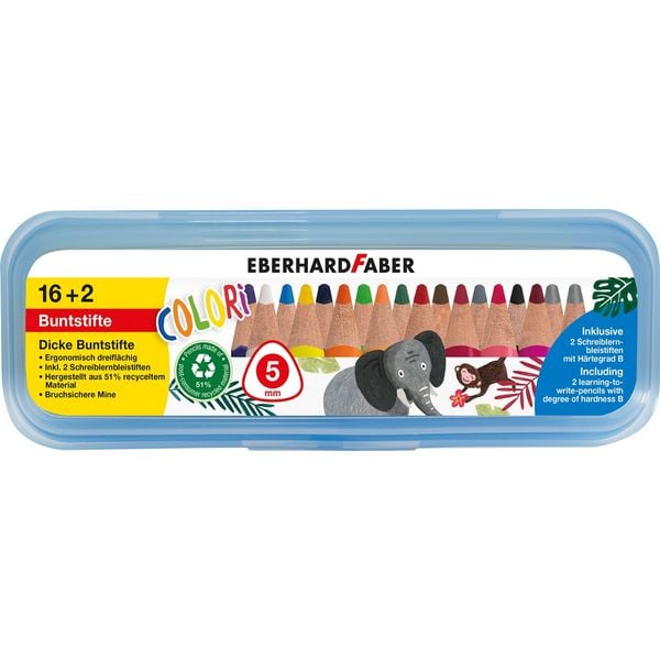 Produktbild: EBERHARD FABER Buntstifte Colori 16+2 dreifl&auml;chig dick 16 Farben Mine 5mm 2 Schreiblernbleistifte