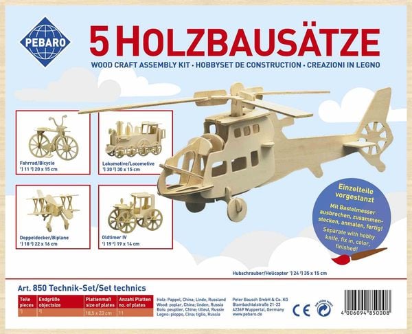 Produktbild: PEBARO 850 - Holzbausatz Technik-Set (Lokomotive, Fahrrad, Hubschrauber, Oldtimer, Doppeldecker), 5 Holzkonstruktionen zum Zusammenstecken